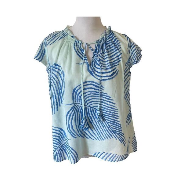 Vinyard Vines Flutter Sleeve Cotton Gauze Tassel Top Blue and Green Floral Size - Picture 1 of 10